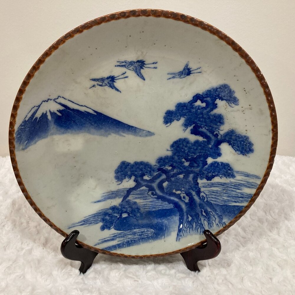 Yamatoku Plate - Late Meiji - Blue & White Imari - featuring Mt. Fuji, 3 Cranes
